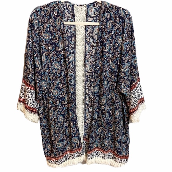 Navy Paisley Fringe Hem Boho Kimono - Picture 2 of 7
